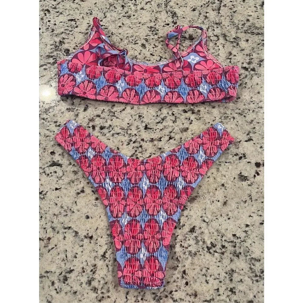 VOLAFA Women's Triangle Bikini Set Smocked Textured Scoop Frilled Print